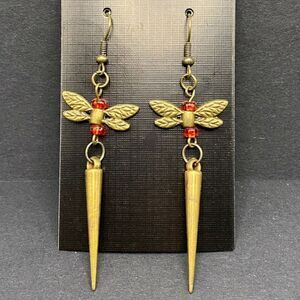Handmade Dragonfly Wings Red Orange Glass Bead & Spike Earrings by Neanie-Bot